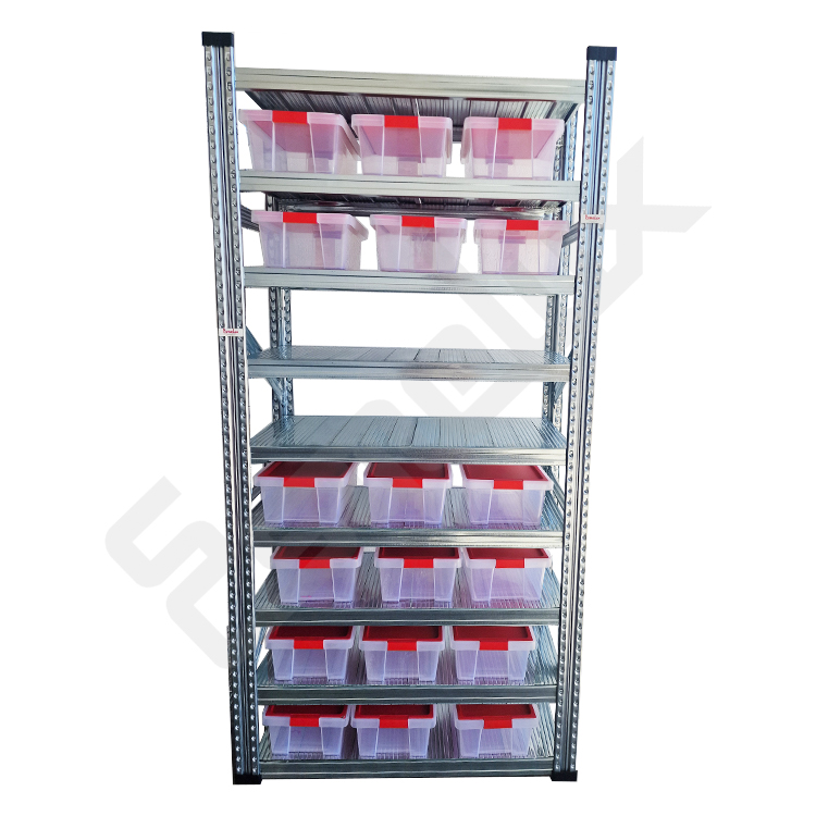 Estanter�a met�lica Galvamil combinada con cajas pl�sticas organizadoras con tapa roja